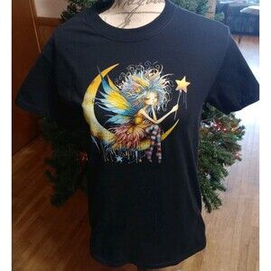 Women's Whimsical Fairy On The Moon Graphic T-Shirt Colorful Black Sz S Handmade